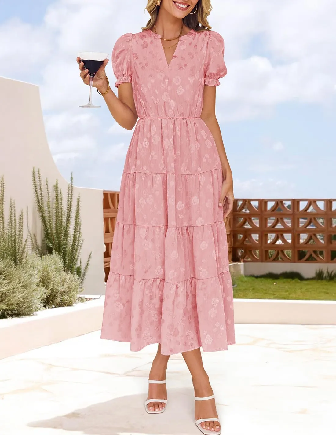 ZESICA Womens 2025 Summer Puff Short Sleeve Midi Dress Floral V Neck Textured Ruffle Flowy Beach Party Dresses