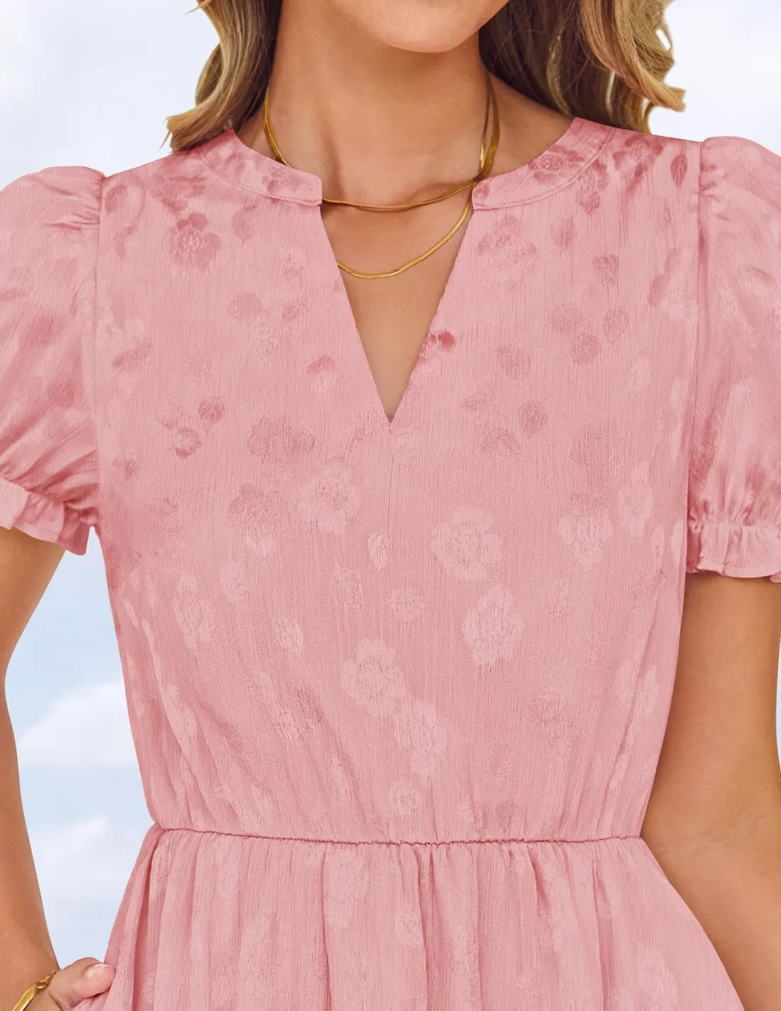 ZESICA Womens 2025 Summer Puff Short Sleeve Midi Dress Floral V Neck Textured Ruffle Flowy Beach Party Dresses