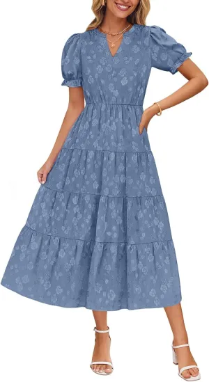 ZESICA Womens 2025 Summer Puff Short Sleeve Midi Dress Floral V Neck Textured Ruffle Flowy Beach Party Dresses