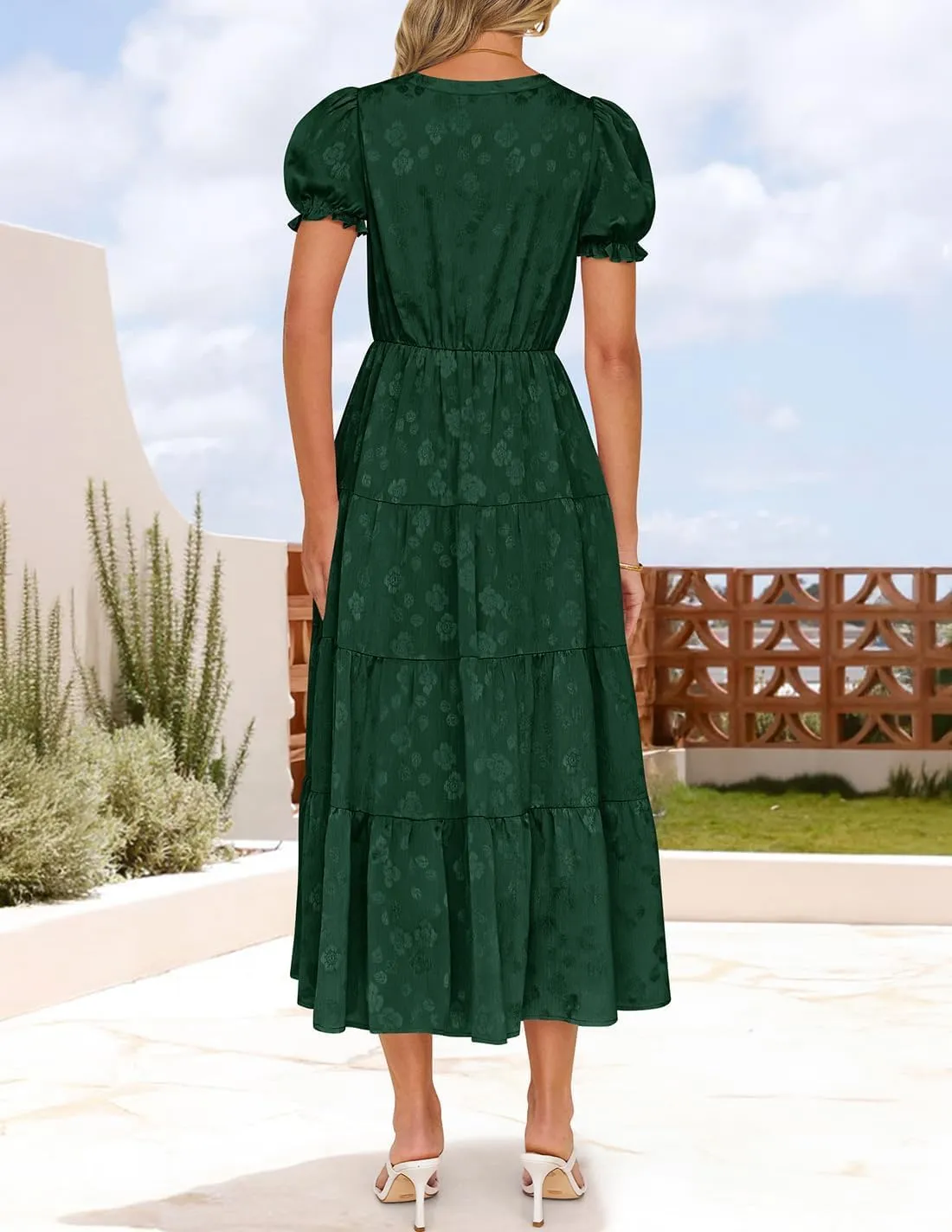 ZESICA Womens 2025 Summer Puff Short Sleeve Midi Dress Floral V Neck Textured Ruffle Flowy Beach Party Dresses
