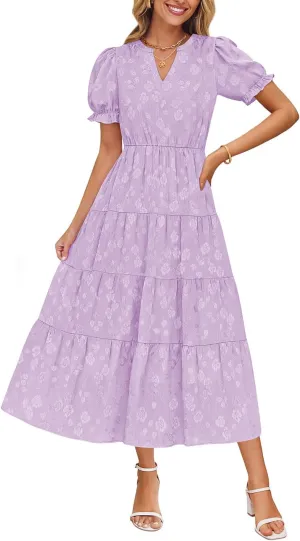 ZESICA Womens 2025 Summer Puff Short Sleeve Midi Dress Floral V Neck Textured Ruffle Flowy Beach Party Dresses