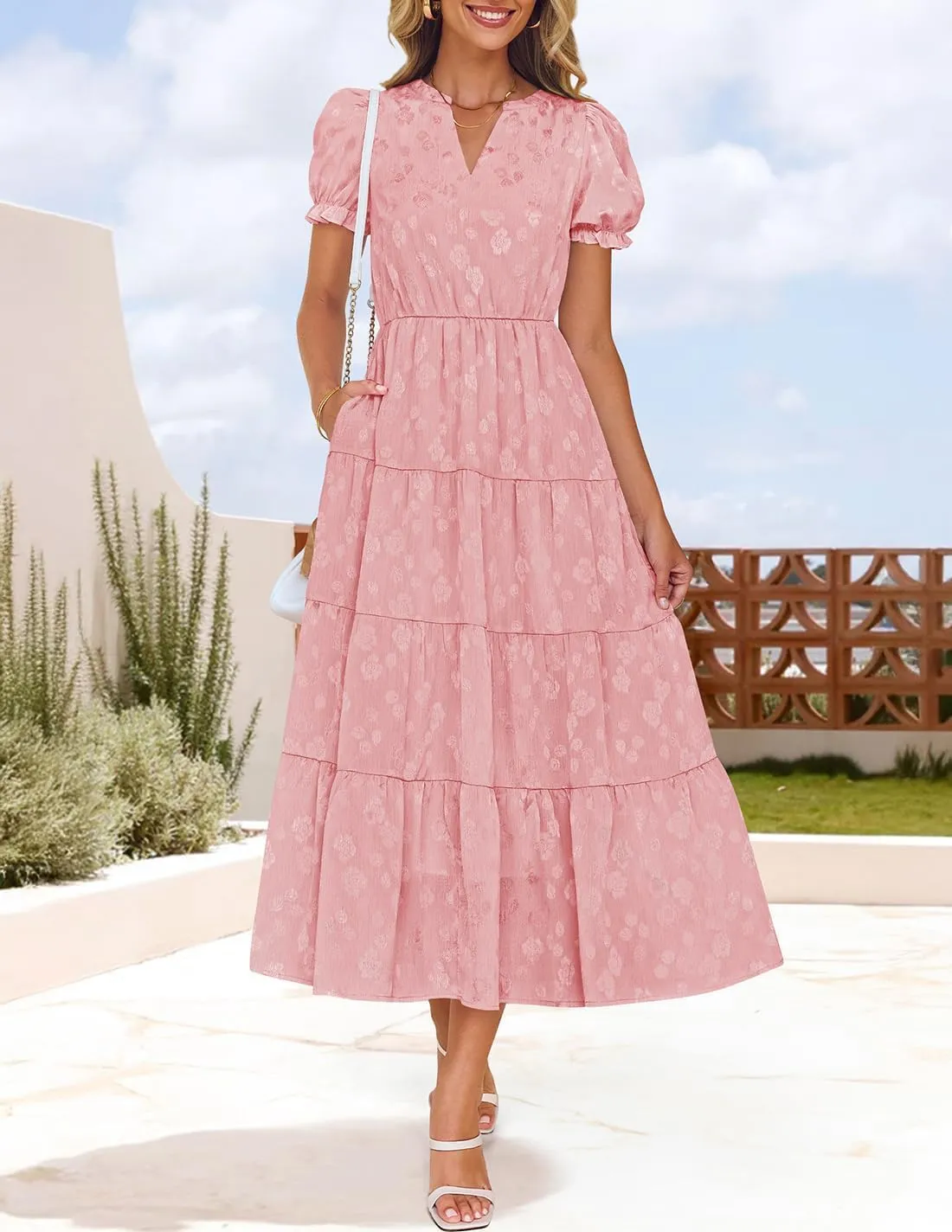 ZESICA Womens 2025 Summer Puff Short Sleeve Midi Dress Floral V Neck Textured Ruffle Flowy Beach Party Dresses