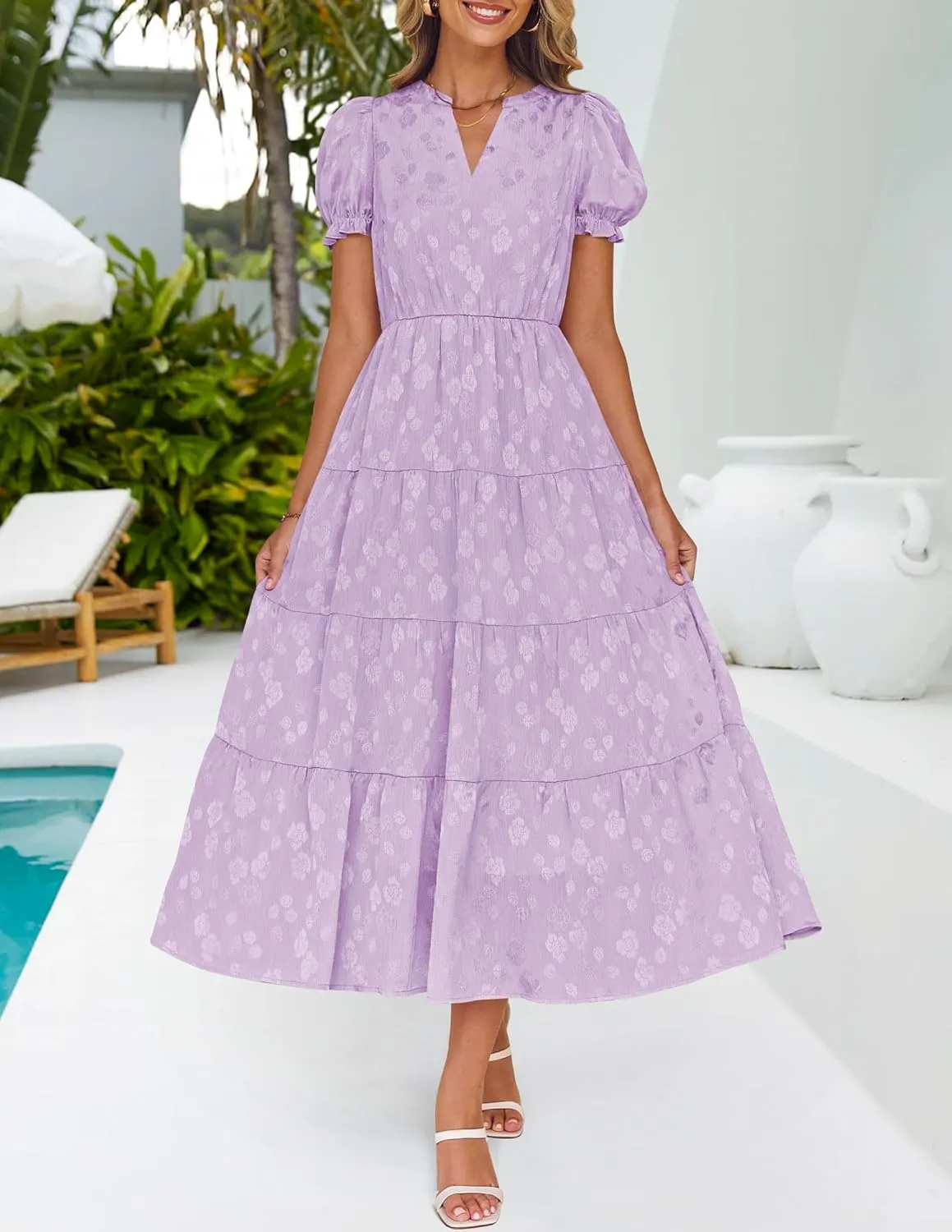 ZESICA Womens 2025 Summer Puff Short Sleeve Midi Dress Floral V Neck Textured Ruffle Flowy Beach Party Dresses
