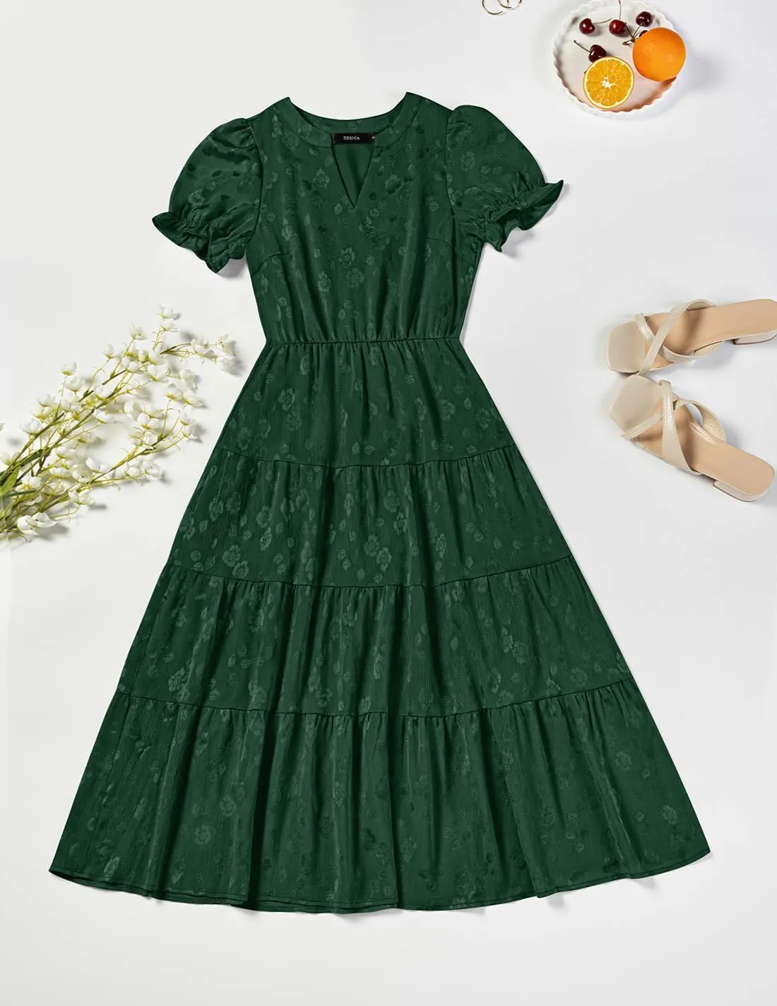 ZESICA Womens 2025 Summer Puff Short Sleeve Midi Dress Floral V Neck Textured Ruffle Flowy Beach Party Dresses