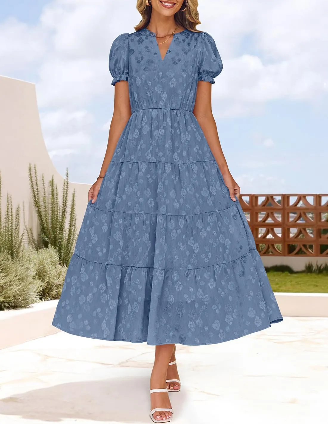 ZESICA Womens 2025 Summer Puff Short Sleeve Midi Dress Floral V Neck Textured Ruffle Flowy Beach Party Dresses