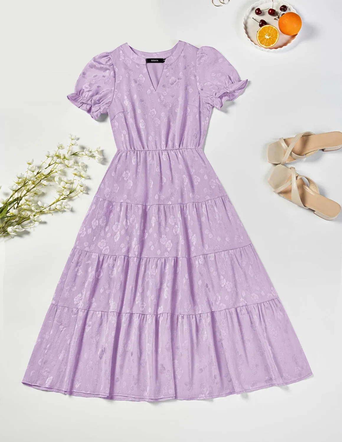 ZESICA Womens 2025 Summer Puff Short Sleeve Midi Dress Floral V Neck Textured Ruffle Flowy Beach Party Dresses