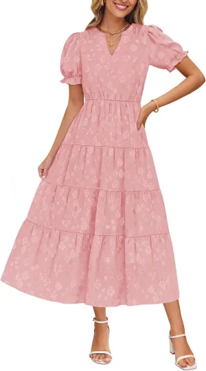 ZESICA Womens 2025 Summer Puff Short Sleeve Midi Dress Floral V Neck Textured Ruffle Flowy Beach Party Dresses