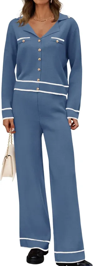 ZESICA Womens Fall Knit Two Piece Outfits Casual Long Sleeve V Neck Sweater Shirts and Wide Leg Pants Matching Lounge Sets