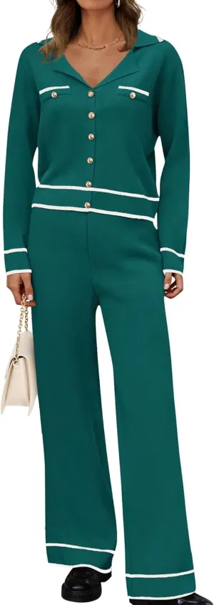 ZESICA Womens Fall Knit Two Piece Outfits Casual Long Sleeve V Neck Sweater Shirts and Wide Leg Pants Matching Lounge Sets