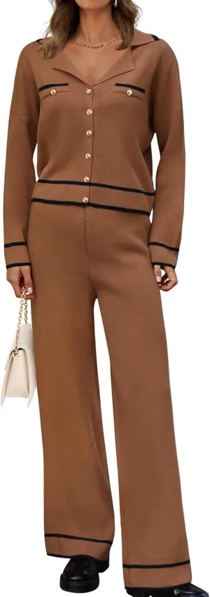 ZESICA Womens Fall Knit Two Piece Outfits Casual Long Sleeve V Neck Sweater Shirts and Wide Leg Pants Matching Lounge Sets