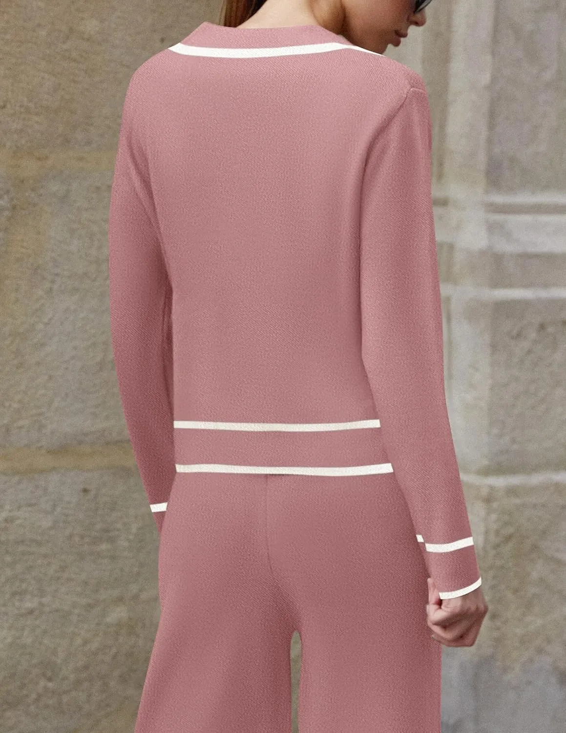ZESICA Womens Fall Knit Two Piece Outfits Casual Long Sleeve V Neck Sweater Shirts and Wide Leg Pants Matching Lounge Sets