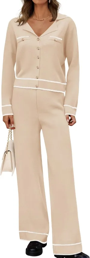 ZESICA Womens Fall Knit Two Piece Outfits Casual Long Sleeve V Neck Sweater Shirts and Wide Leg Pants Matching Lounge Sets