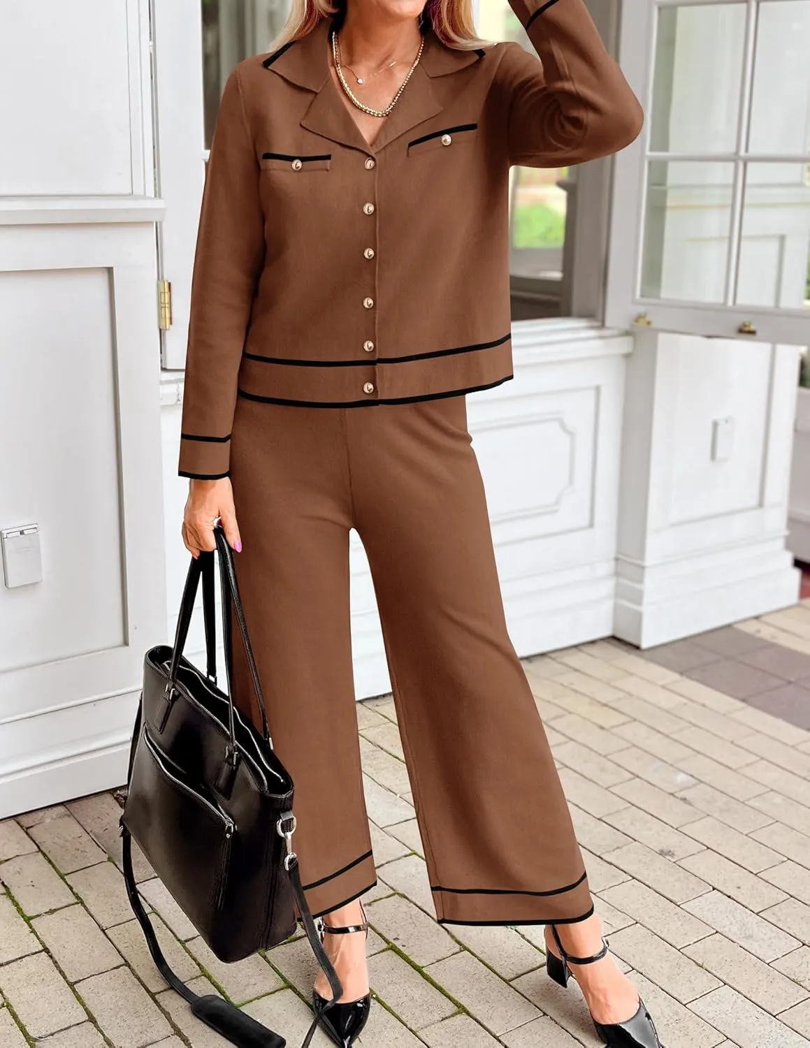 ZESICA Womens Fall Knit Two Piece Outfits Casual Long Sleeve V Neck Sweater Shirts and Wide Leg Pants Matching Lounge Sets