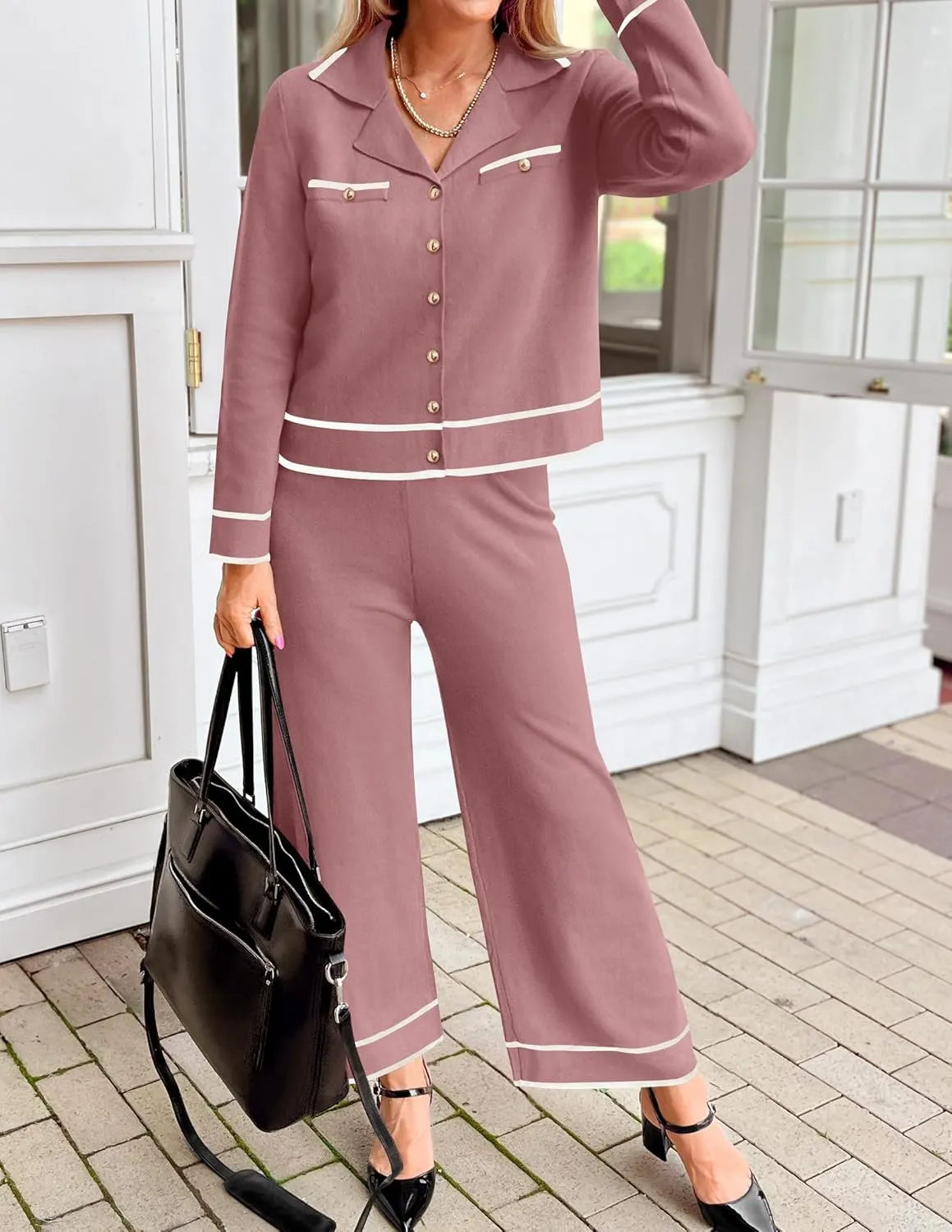 ZESICA Womens Fall Knit Two Piece Outfits Casual Long Sleeve V Neck Sweater Shirts and Wide Leg Pants Matching Lounge Sets