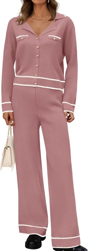 ZESICA Womens Fall Knit Two Piece Outfits Casual Long Sleeve V Neck Sweater Shirts and Wide Leg Pants Matching Lounge Sets