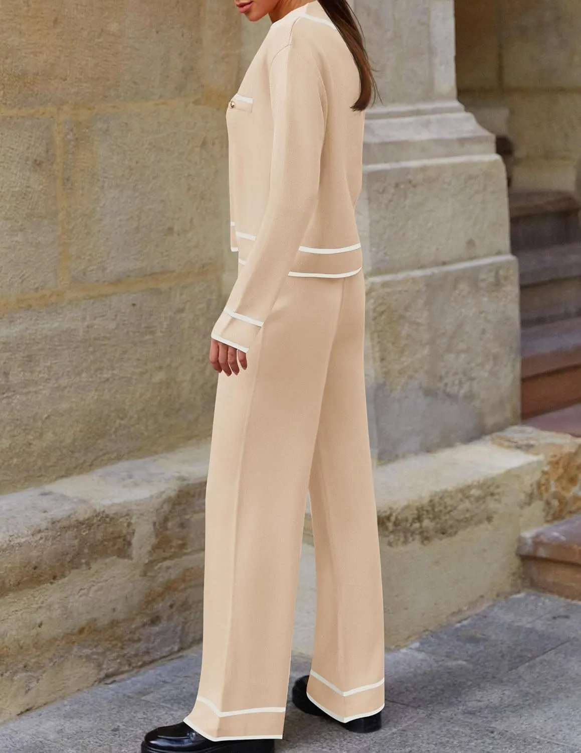 ZESICA Womens Fall Knit Two Piece Outfits Casual Long Sleeve V Neck Sweater Shirts and Wide Leg Pants Matching Lounge Sets