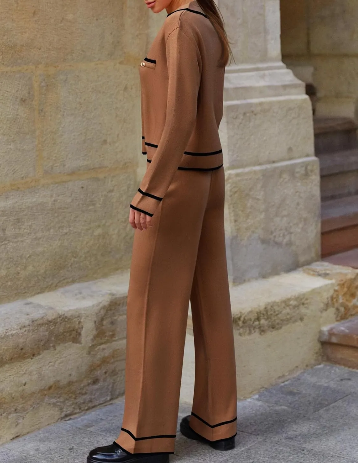 ZESICA Womens Fall Knit Two Piece Outfits Casual Long Sleeve V Neck Sweater Shirts and Wide Leg Pants Matching Lounge Sets