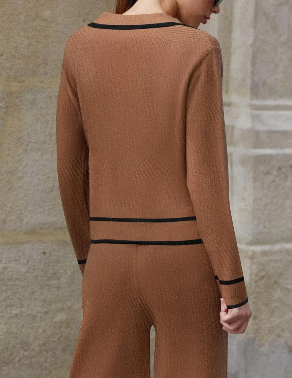ZESICA Womens Fall Knit Two Piece Outfits Casual Long Sleeve V Neck Sweater Shirts and Wide Leg Pants Matching Lounge Sets
