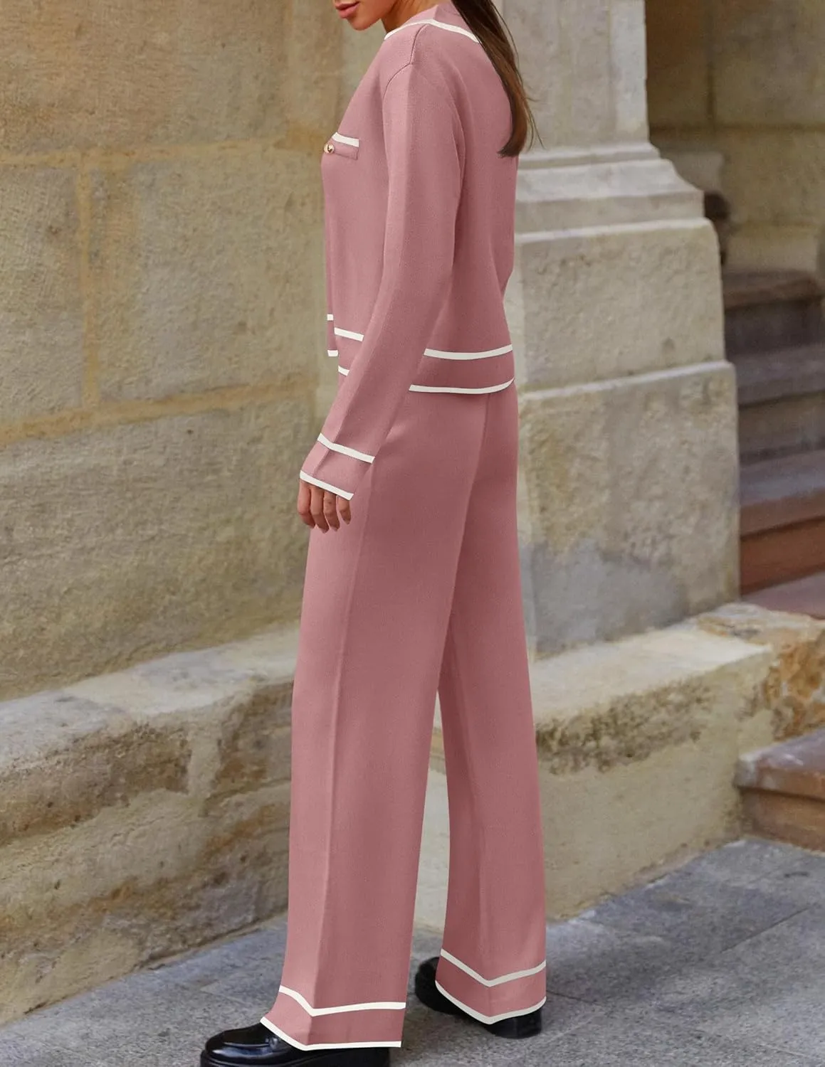 ZESICA Womens Fall Knit Two Piece Outfits Casual Long Sleeve V Neck Sweater Shirts and Wide Leg Pants Matching Lounge Sets