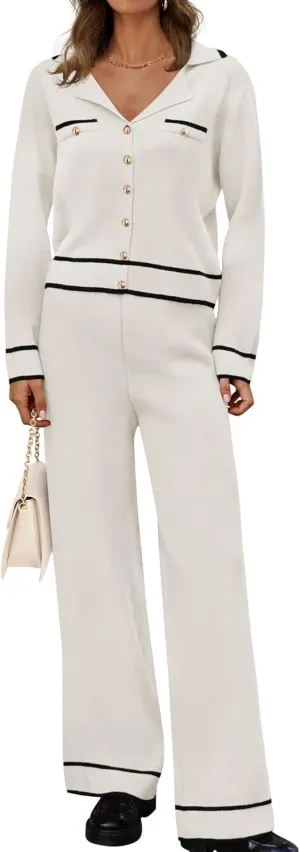 ZESICA Womens Fall Knit Two Piece Outfits Casual Long Sleeve V Neck Sweater Shirts and Wide Leg Pants Matching Lounge Sets
