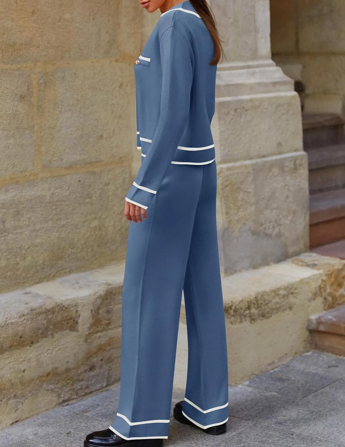 ZESICA Womens Fall Knit Two Piece Outfits Casual Long Sleeve V Neck Sweater Shirts and Wide Leg Pants Matching Lounge Sets
